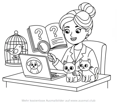 Tierärztin mit Laptop, Katzen und Vogel Ausmalbild