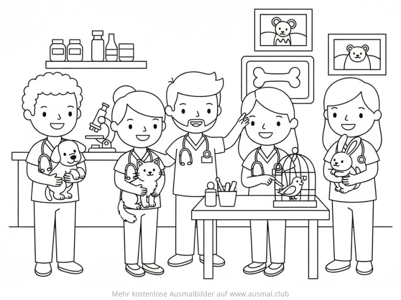 Tierarzt-Team mit Hund, Katze, Vogel und Kaninchen Ausmalbild