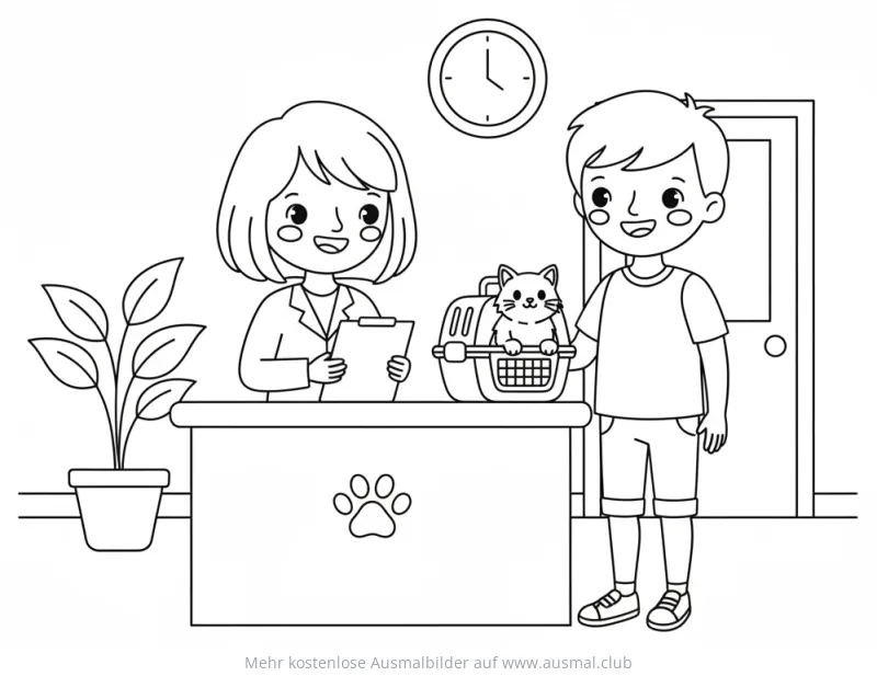 Junge mit Katze beim Tierarzt an der Rezeption Ausmalbild