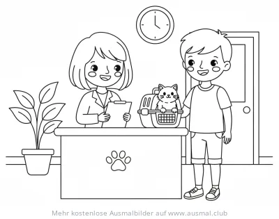 Junge mit Katze beim Tierarzt an der Rezeption Ausmalbild