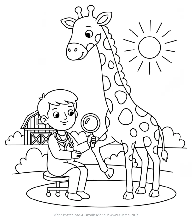 Giraffe wird von Tierarzt untersucht Ausmalbild