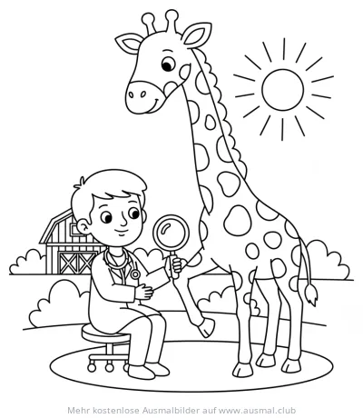 Giraffe wird von Tierarzt untersucht Ausmalbild