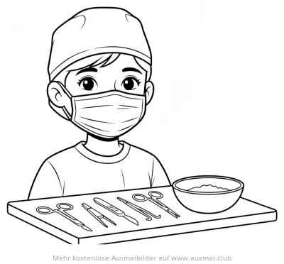 Tierarzt mit Mundschutz und OP-Instrumenten Ausmalbild