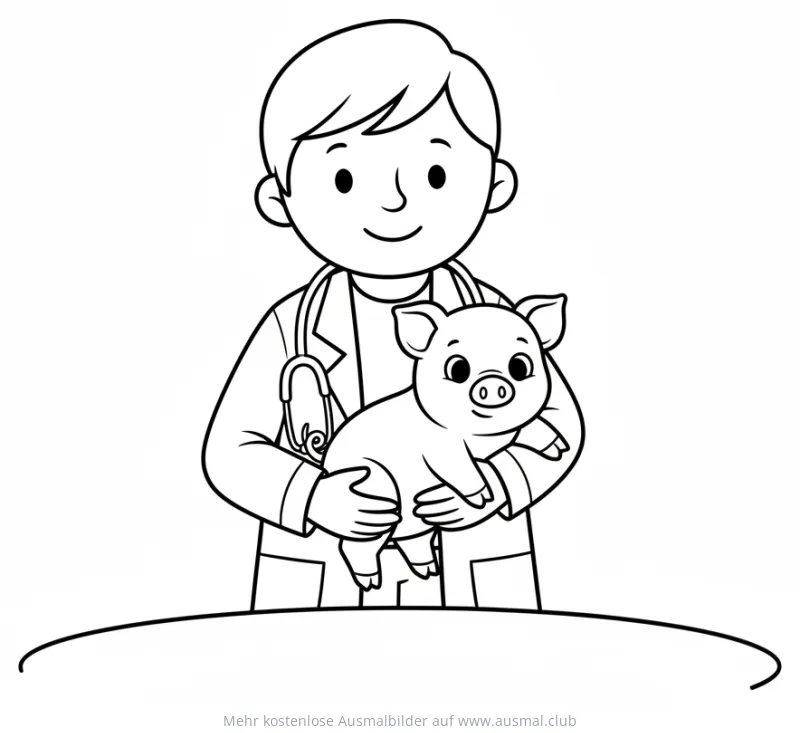 Tierarzt hält ein kleines Schwein Ausmalbild