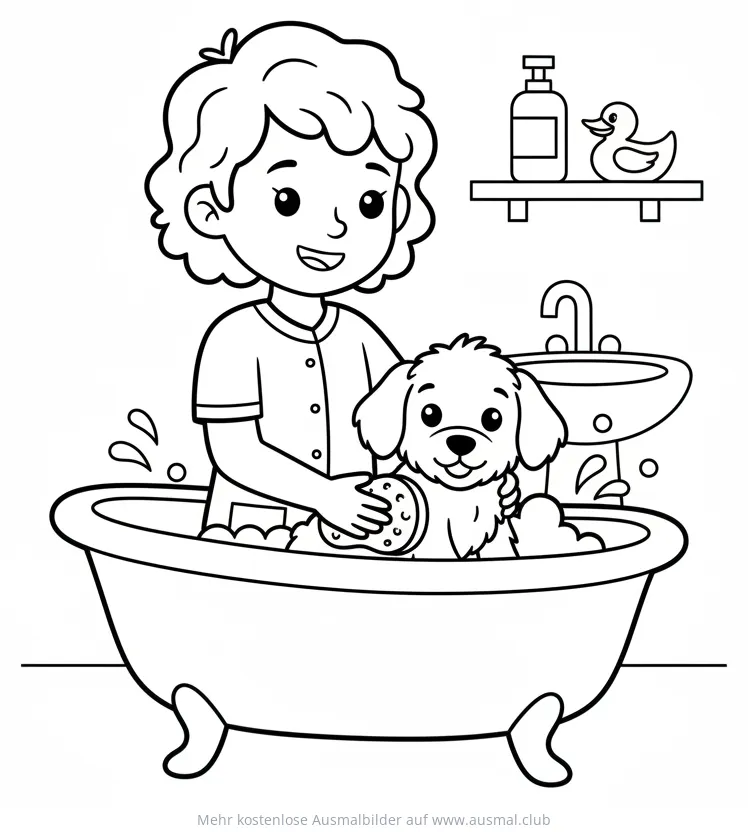 Welpe wird gebadet Ausmalbild