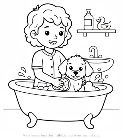 Welpe wird gebadet Ausmalbild