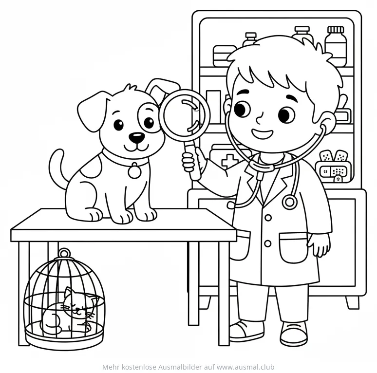 Tierarzt untersucht Hund mit Lupe Ausmalbild