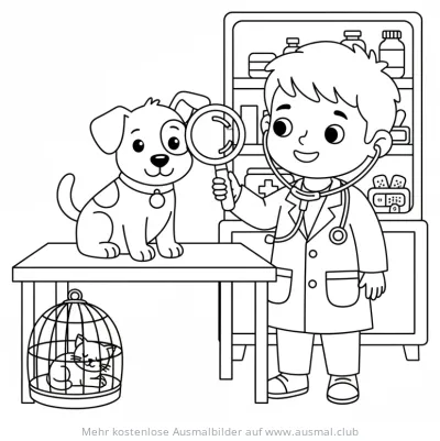 Tierarzt untersucht Hund mit Lupe Ausmalbild