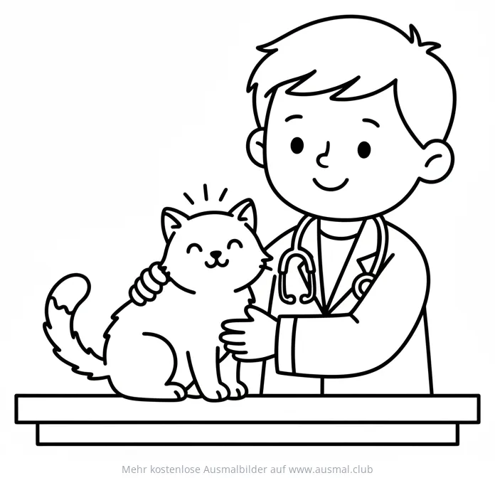 Tierarzt untersucht Katze auf einem Tisch Ausmalbild