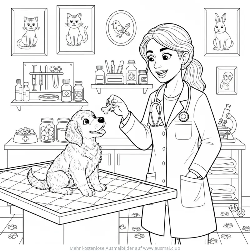 Tierärztin gibt Hund Knochen in Tierarztpraxis Ausmalbild