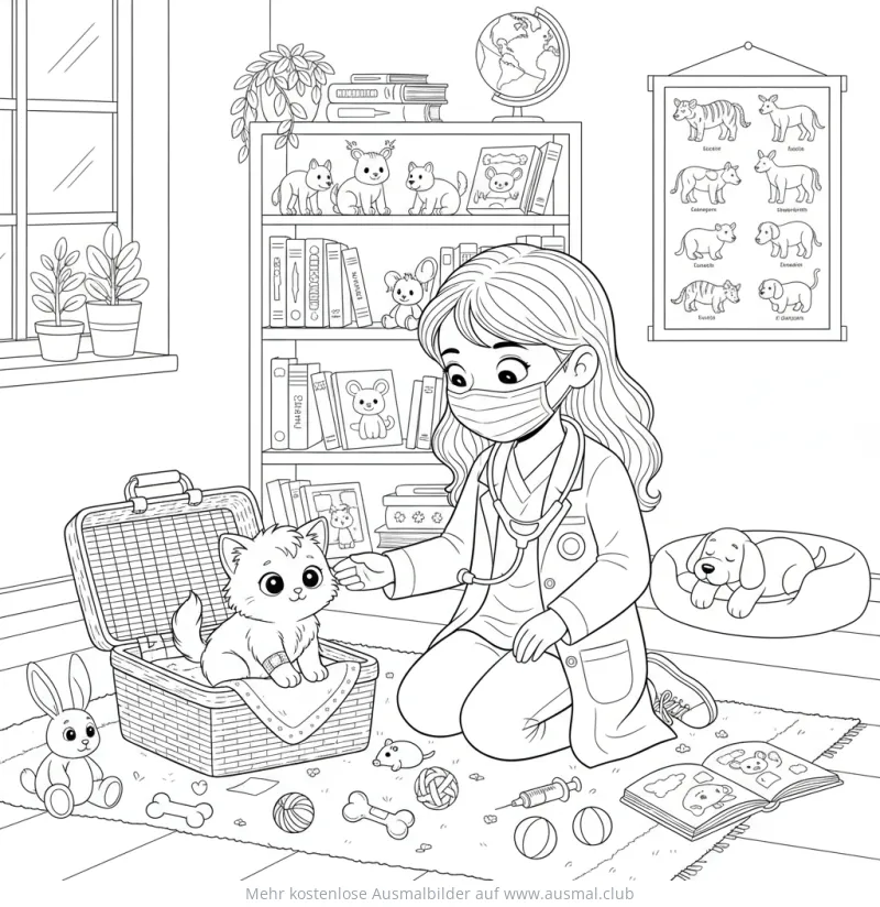 Tierärztin untersucht Katze im Korb Ausmalbild