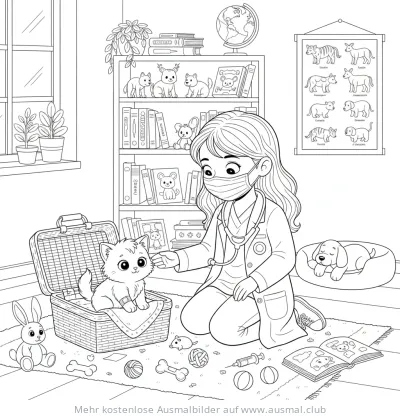 Tierärztin untersucht Katze im Korb Ausmalbild