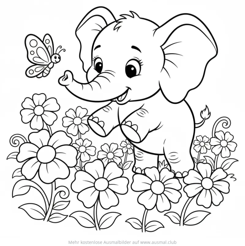 Elefantenbaby mit Schmetterling in Blumenwiese Ausmalbild