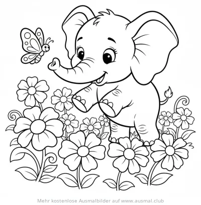 Elefantenbaby mit Schmetterling in Blumenwiese Ausmalbild