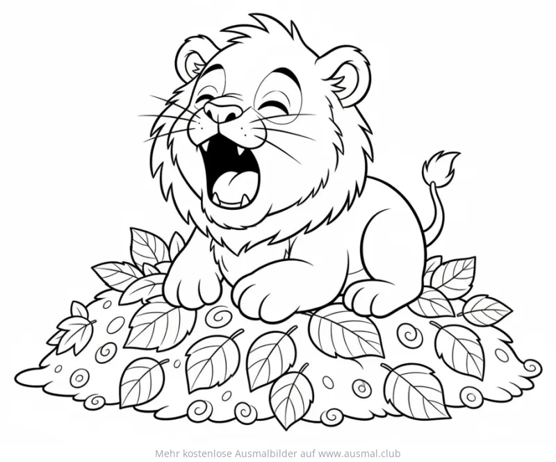 Löwenbaby liegt auf Blätterhaufen Ausmalbild