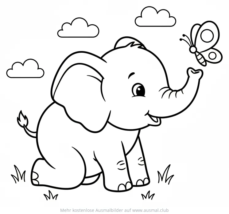 Niedliches Elefantenbaby mit Schmetterling Ausmalbild