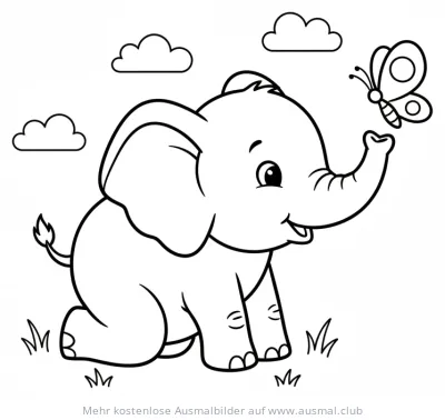 Niedliches Elefantenbaby mit Schmetterling Ausmalbild