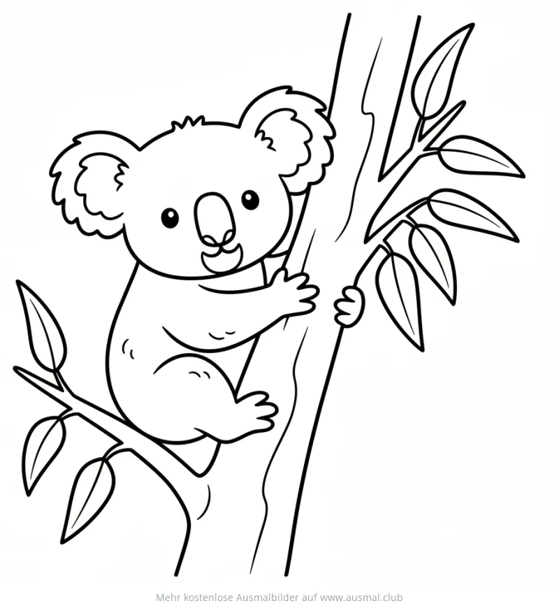 Koalababy klettert an Baum Ausmalbild