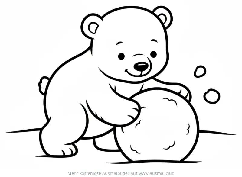 Eisbärbaby schiebt Schneekugel Ausmalbild