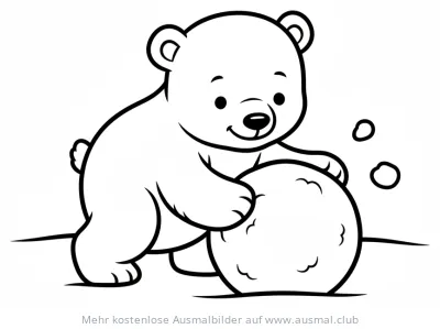 Eisbärbaby schiebt Schneekugel Ausmalbild