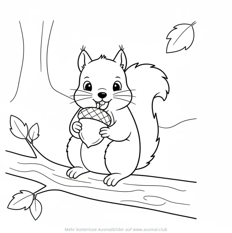 Eichhörnchenbaby mit Eichel Ausmalbild auf einem Ast