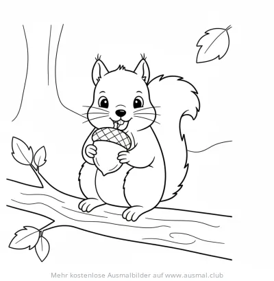 Eichhörnchenbaby mit Eichel Ausmalbild auf einem Ast