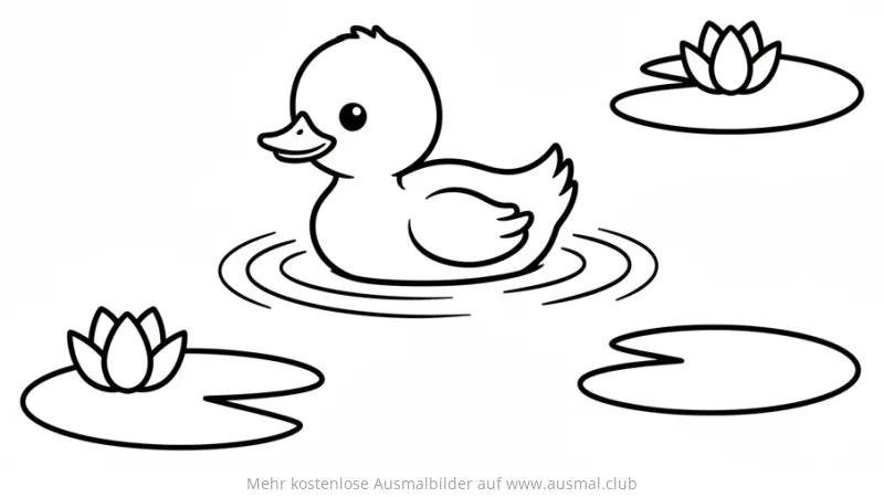 Entenküken schwimmt auf dem Wasser, umgeben von Seerosen, Ausmalbild