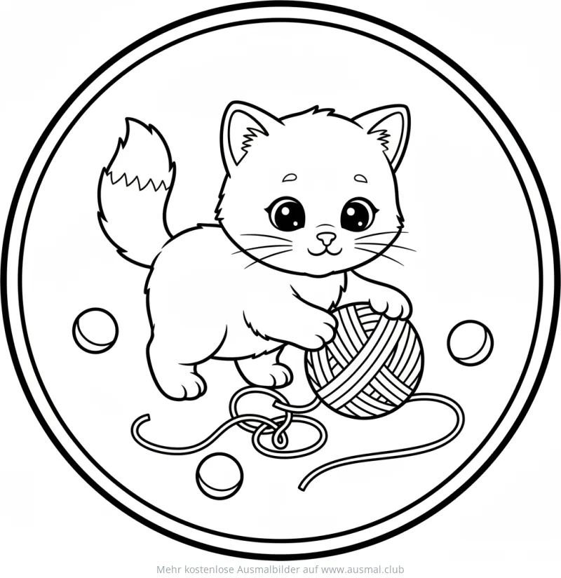 Katzenbaby spielt mit Wollknäuel Ausmalbild