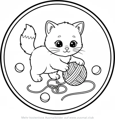 Katzenbaby spielt mit Wollknäuel Ausmalbild