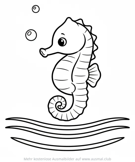 Niedliches Seepferdchenbaby Ausmalbild mit Blubberbläschen und Wellen