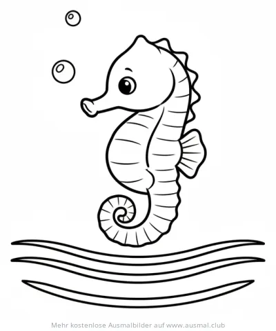 Niedliches Seepferdchenbaby Ausmalbild mit Blubberbläschen und Wellen
