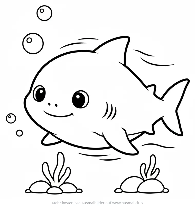Freundliches Haifischbaby Ausmalbild mit Blasen und Algen