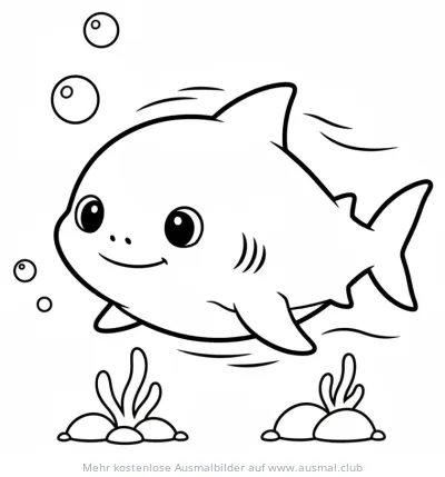 Freundliches Haifischbaby Ausmalbild mit Blasen und Algen