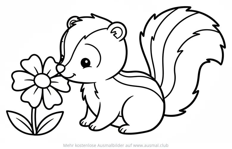 Stinktierbaby schnuppert an Blume Ausmalbild