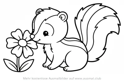 Stinktierbaby schnuppert an Blume Ausmalbild