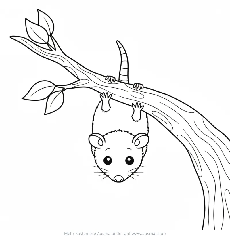 Opossum Baby hängt an Ast Ausmalbild
