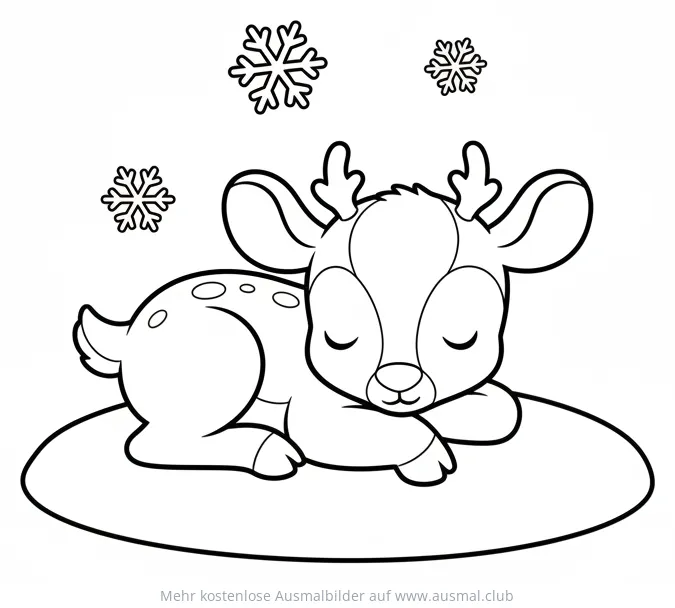 Schlafendes Rentierbaby unter Schneeflocken Ausmalbild