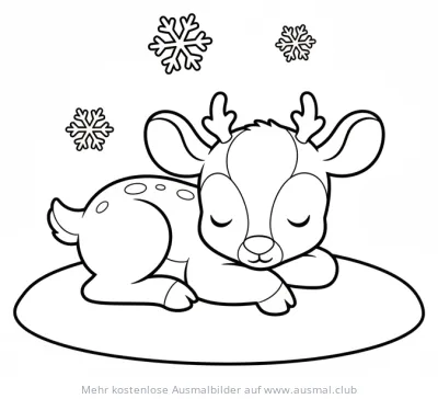 Schlafendes Rentierbaby unter Schneeflocken Ausmalbild