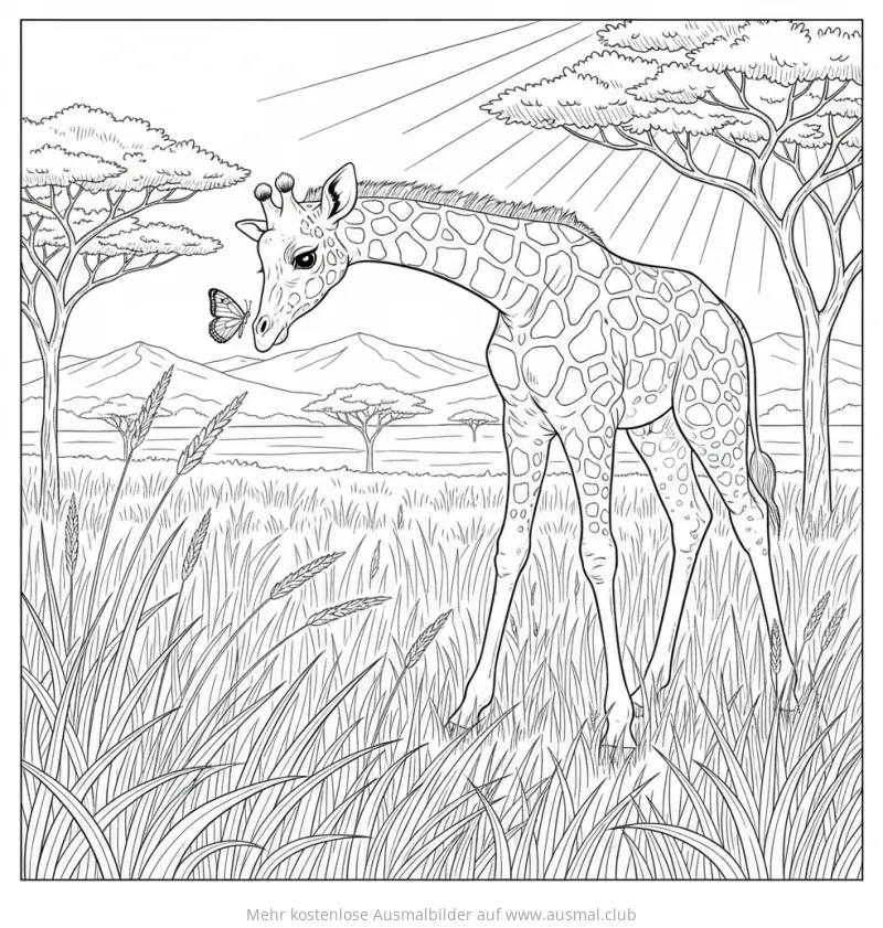 Junge Giraffe betrachtet Schmetterling Ausmalbild