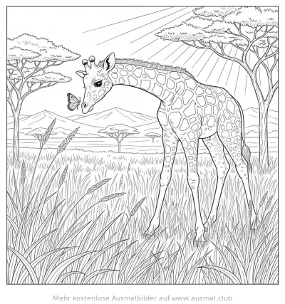 Junge Giraffe betrachtet Schmetterling Ausmalbild