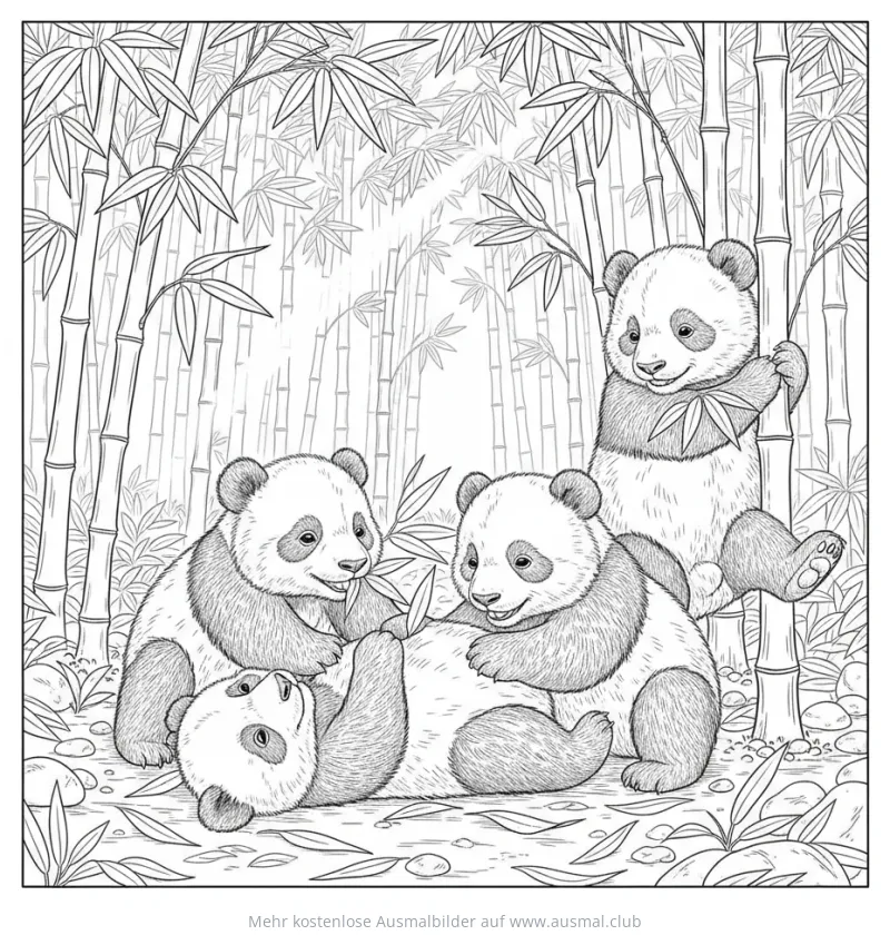 Vier Panda Babys spielen im Bambuswald Ausmalbild