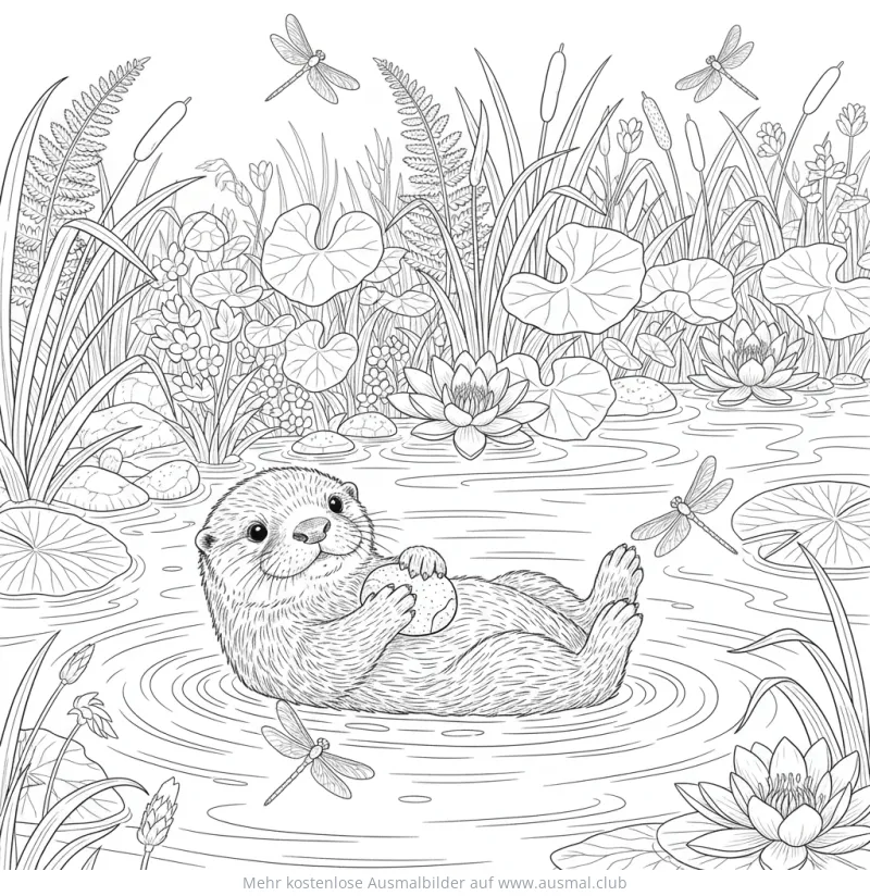 Otter liegt im Wasser mit Ball Ausmalbild