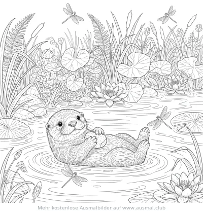 Otter liegt im Wasser mit Ball Ausmalbild