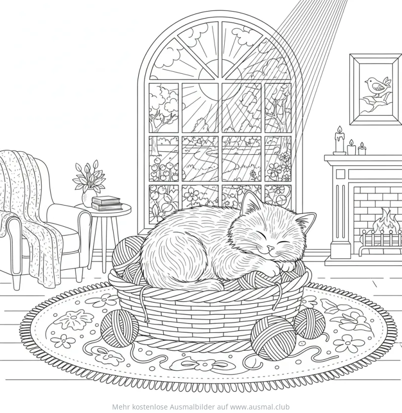 Schlafende Katze im Korb mit Wolle Ausmalbild