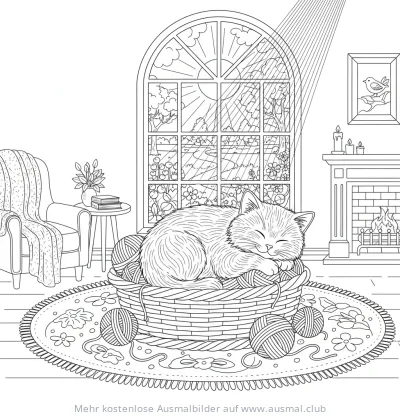 Schlafende Katze im Korb mit Wolle Ausmalbild