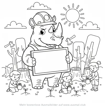 Nashorn mit Bauhelm und Schild, Kinder pflanzen Bäume Ausmalbild