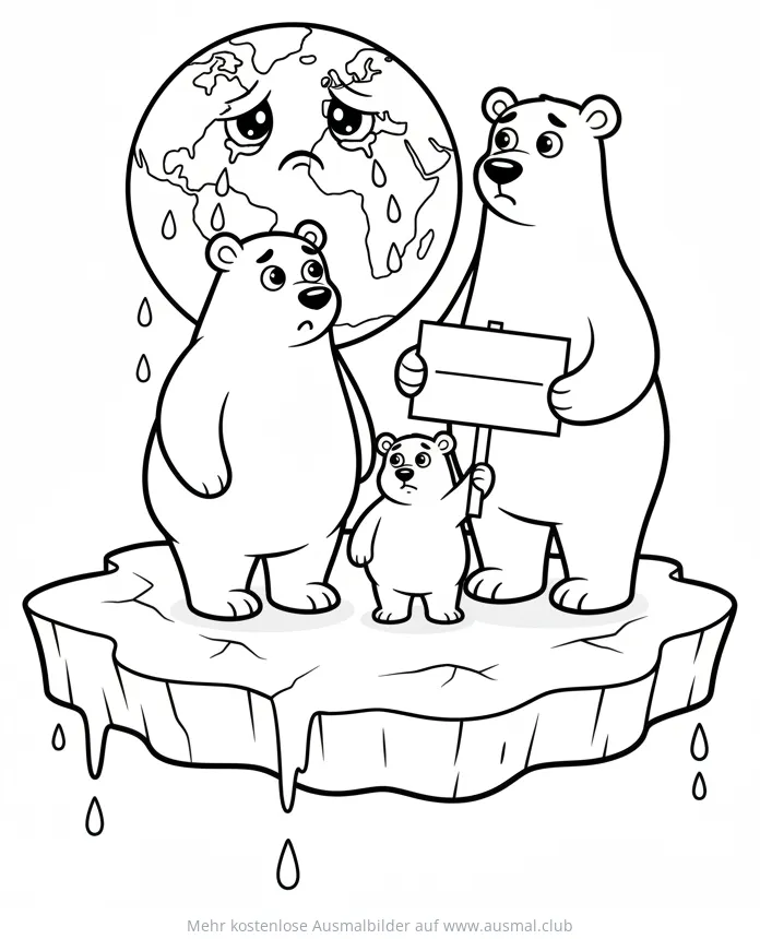 Eisbären Familie auf schmelzender Eisscholle mit weinender Weltkugel im Hintergrund Ausmalbild