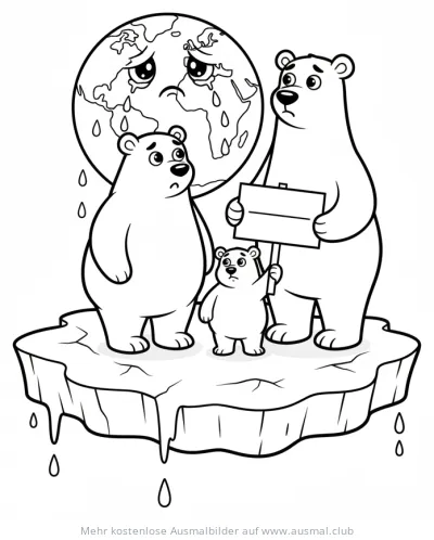 Eisbären Familie auf schmelzender Eisscholle mit weinender Weltkugel im Hintergrund Ausmalbild