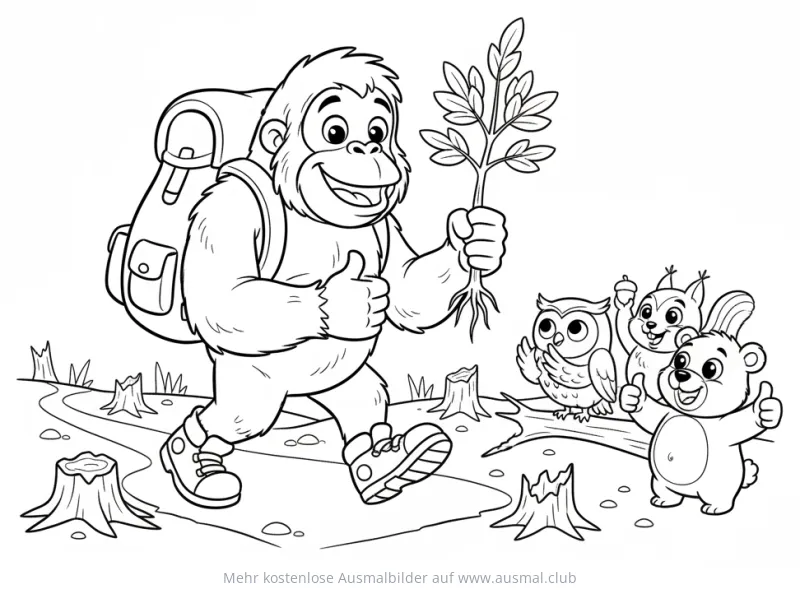 Orang-Utan pflanzt Baum Ausmalbild mit Bär, Eule und Eichhörnchen