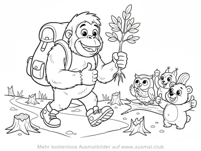 Orang-Utan pflanzt Baum Ausmalbild mit Bär, Eule und Eichhörnchen